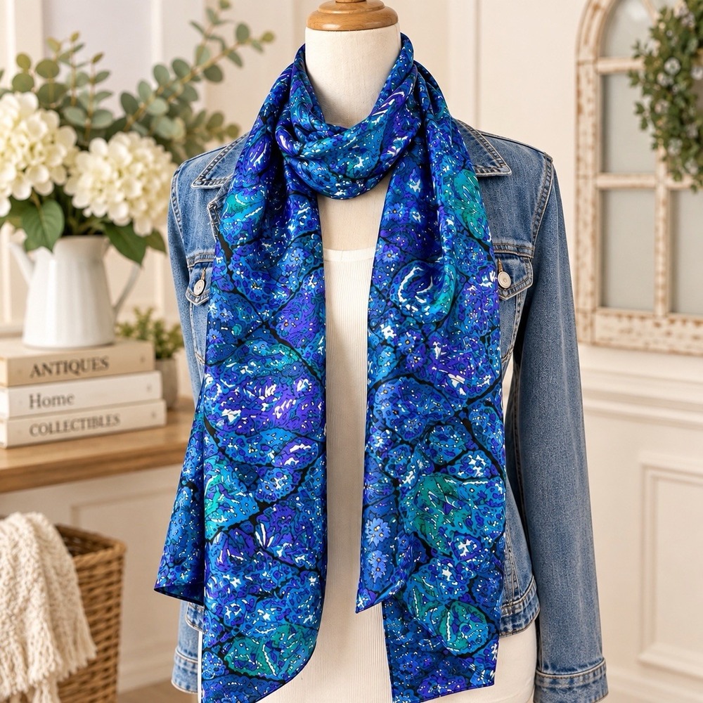 Ann Taylor 100% Silk Scarf 72" Long Paisley Floral Blue Purple Boho Chic NWT